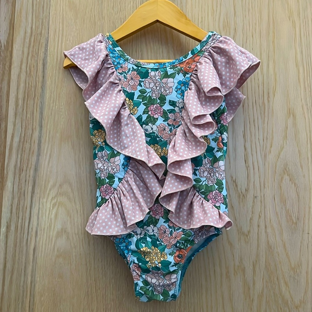 Only Little Once: Floral leotard with polka dot ruffle trim. Size 4/5